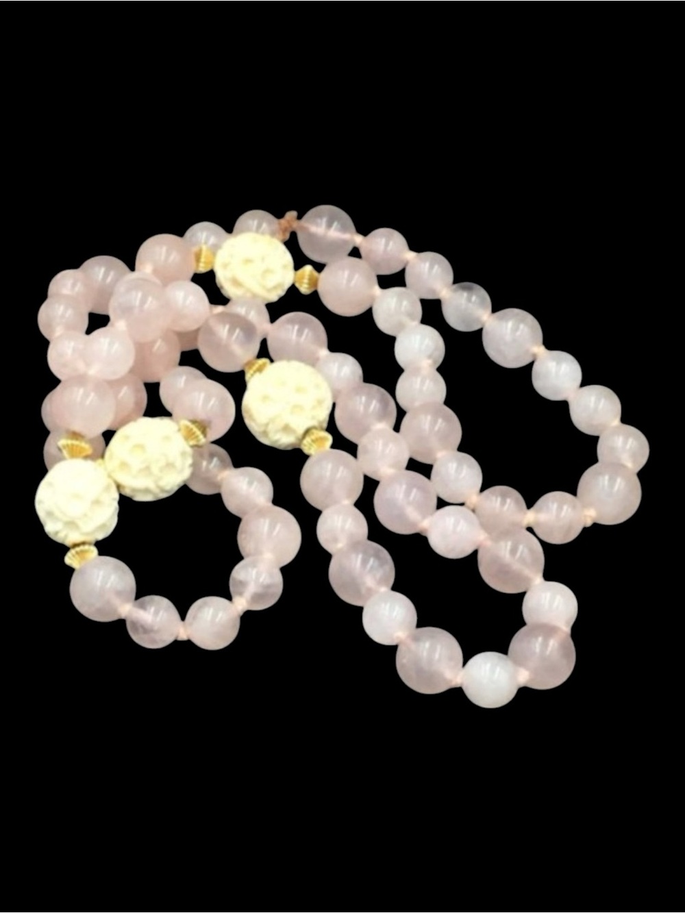 Vintage Rose Quartz Bead Carved Bead 14k Necklace